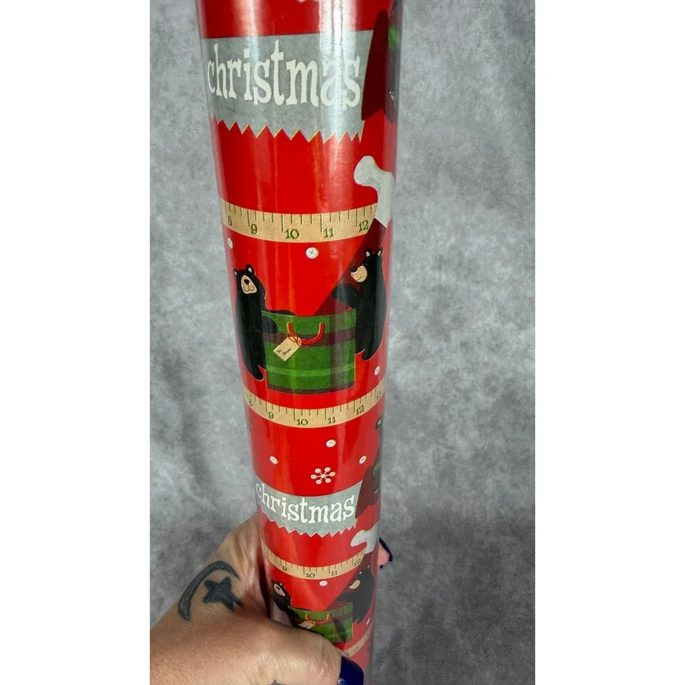 Vtg 90s Bear Christmas Wrapping Paper Roll 60 Sq Ft Heavyweight w Tools NOS NEW